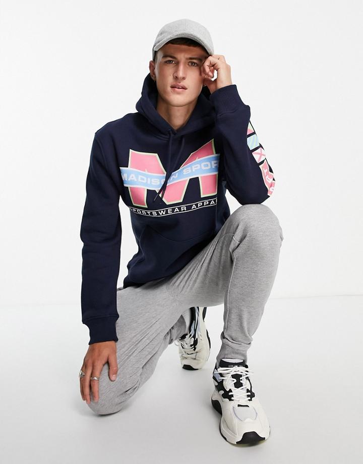 Topman Madison Sport Print Hoodie In Navy