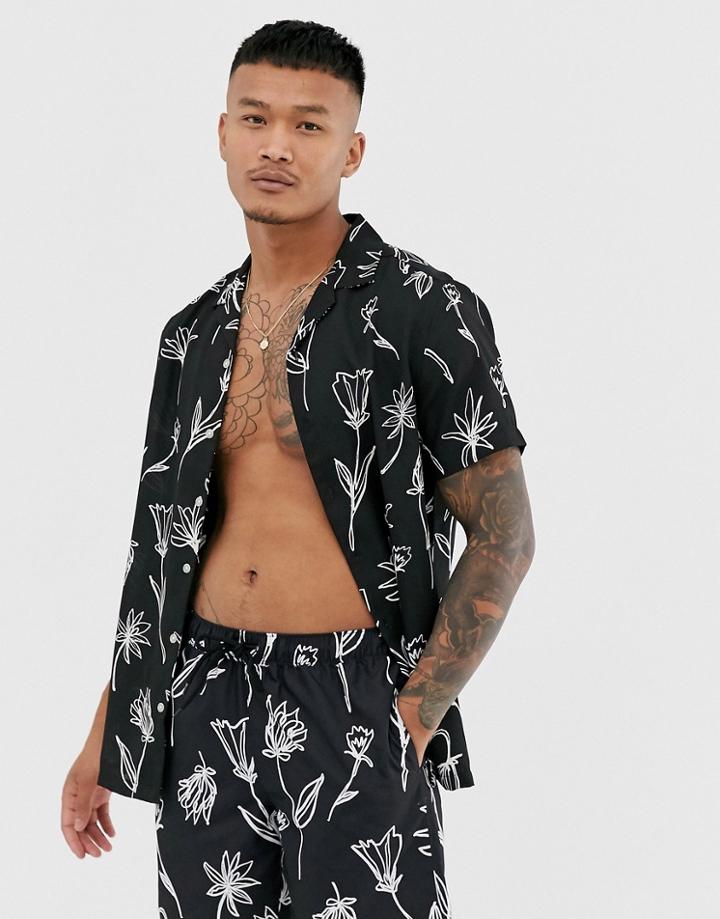 Asos Design Two-piece Regular Fit Floral Shirt In Black With Hand Drawn Floral Print