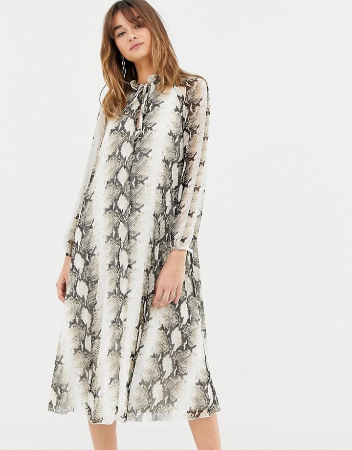 Asos Design Pleated Trapeze Midi Dress In Snake Print With Tie Neck-multi