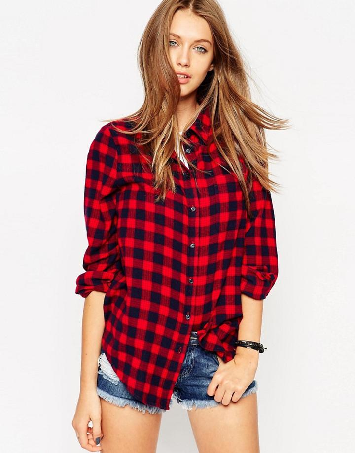 Asos Boyfriend Shirt In Red Check - Red