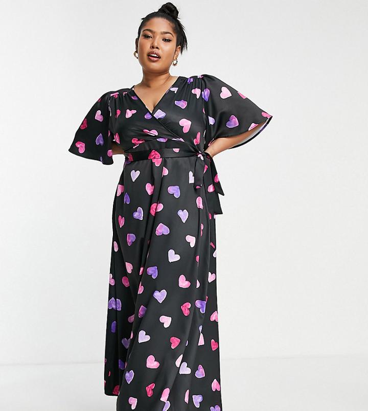 Twisted Wunder Plus Maxi Tea Dress In Contrasting Heart Print-red