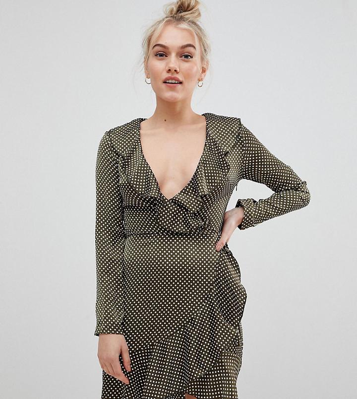Parisian Petite Polka Dot Wrap Dress With Frill - Green