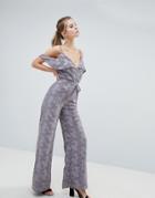 Oh My Love Cold Shoulder Lace Jumpsuit With Frill Detail - Purple