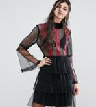 White Cove Tall Contrast Lace Panel Mini Skater Dress With Fluted Sleeves - Multi