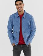 Asos Design Zip Through Worker Denim Jacket With Distressing - Blue