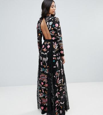 Frock And Frill Tall Embroidered Maxi Dress With Lace Inserts - Black