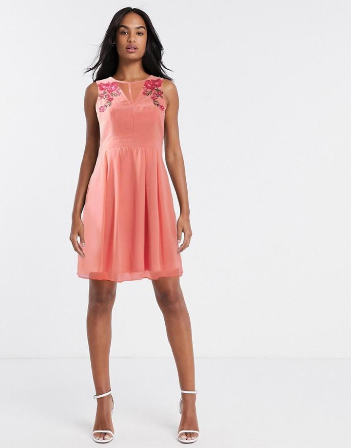 Little Mistress Fit And Flare Midi Dress With Floral Embroidery In Light Coral-orange