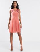 Little Mistress Fit And Flare Midi Dress With Floral Embroidery In Light Coral-orange