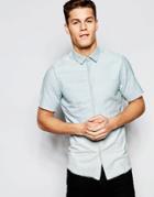 Asos Denim Short Sleeve Shirt With Printed Panel In Regular Fit - Blue
