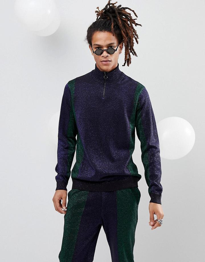 Asos Metallic Yarn Half Zip Sweater With Colourblocking In Green & Navy - Navy