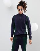 Asos Metallic Yarn Half Zip Sweater With Colourblocking In Green & Navy - Navy