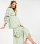 Asos Design Maternity High Neck Midi Dress With Lace Inserts In Grid Texture In Sage Green
