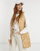 Only Quilted Longline Vest With Button Front And Belt In Camel-brown