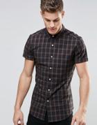 Asos Skinny Shirt In Camel Grid Check With Short Sleeves - Camel