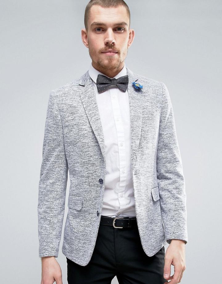 Gianni Feraud Heritage Textured Slim Fit Jacket With Flower Lapel Pin - Navy