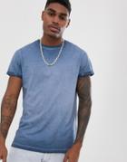 Asos Design T-shirt With Roll Sleeve In Pigment Wash In Navy