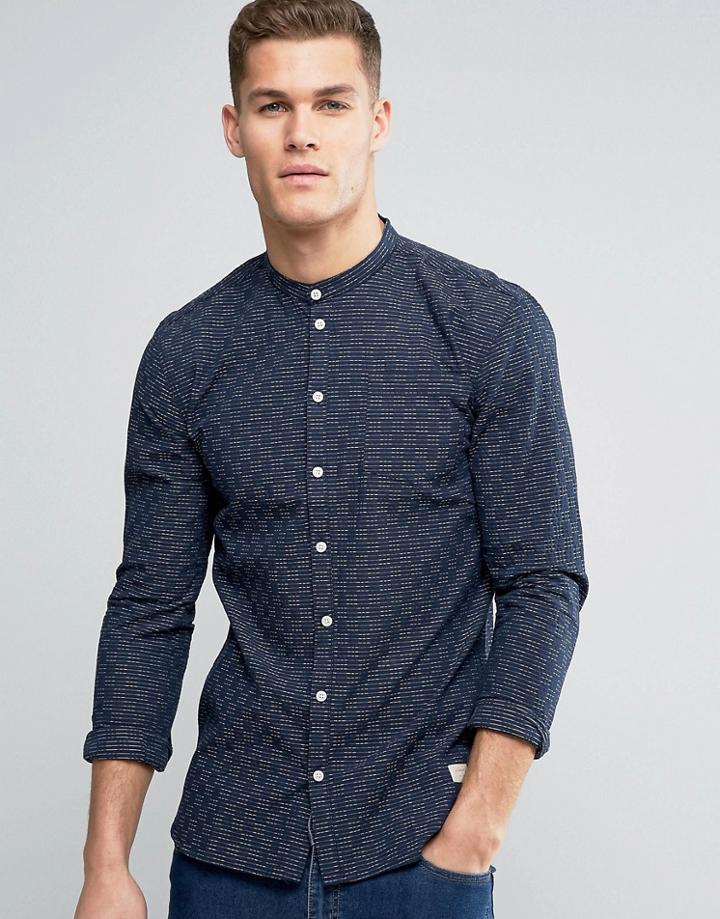 Minimum Justo Grandad Shirt Woven Stripe Slim Fit In Navy - Navy