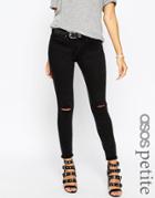 Asos Petite Whitby Low Rise Jeans In Washed Black With Two Displaced Ripped Knees - Washed Black