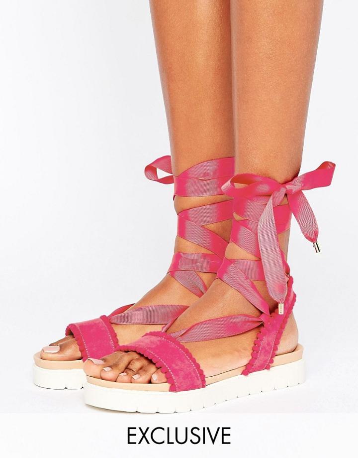 Miss Kg Dakota Pink Pom Pom Tie Up Flat Sandals - Pink