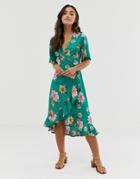 Influence Midi Wrap Dress With Frill In Floral Print - Green