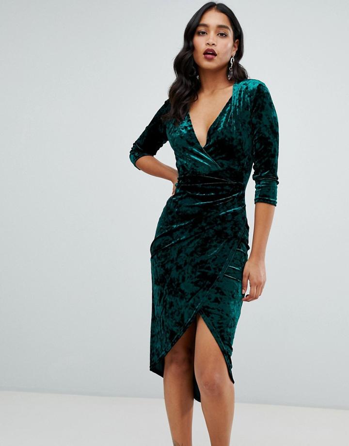 Tfnc Velvet Midi Wrap Dress In Emerald - Green