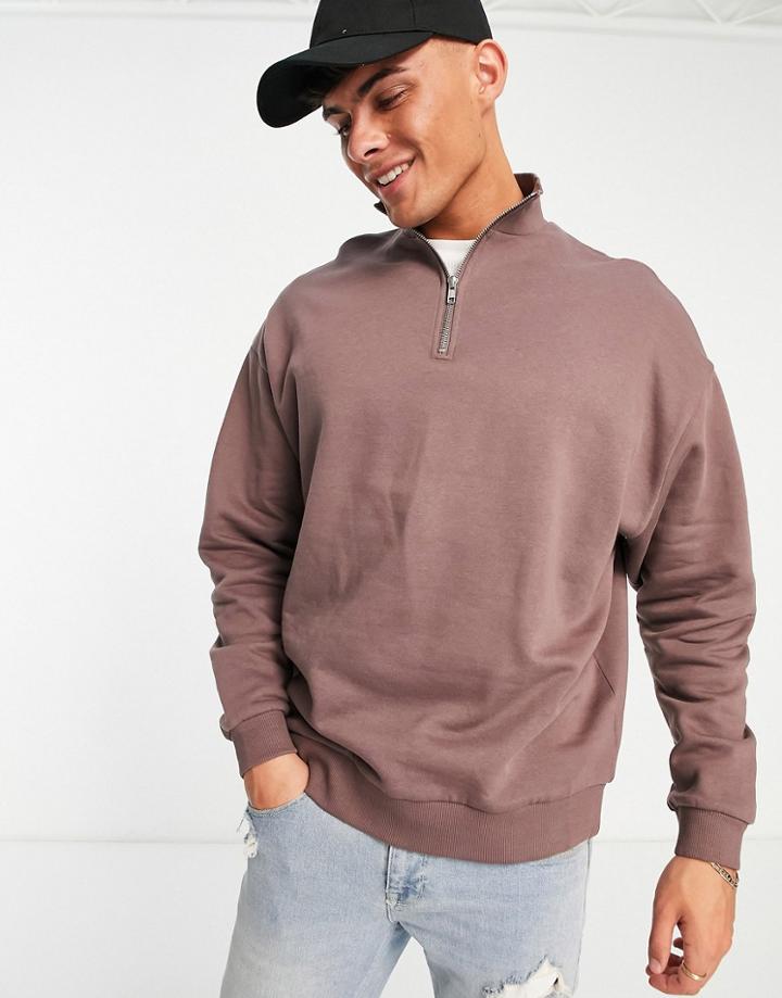 Asos Design Oversized Half Zip Sweatshirt In Washed Brown