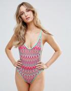 South Beach Chevron Print Low Back Swimsuit With Multiway Straps And Frill - Multi