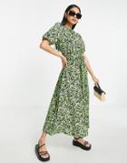 Topshop Textured Graphic Green Floral Midi Tea Dress