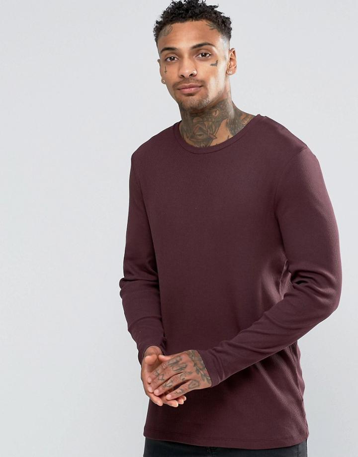 Asos Rib Longline Muscle Long Sleeve T-shirt In Oxblood - Oxblood