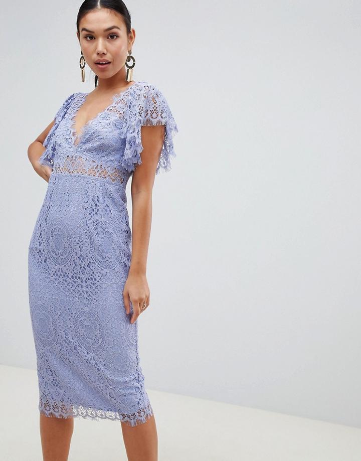 Asos Design Lace Pencil Midi Dress With Frill Sleeve-blue