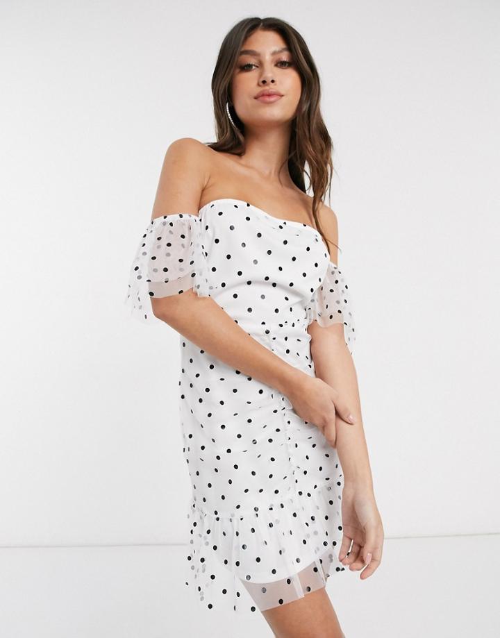 Parisian Polka Dot Mesh Bodycon Dress With Sheer Sleeves In White