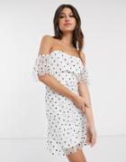Parisian Polka Dot Mesh Bodycon Dress With Sheer Sleeves In White