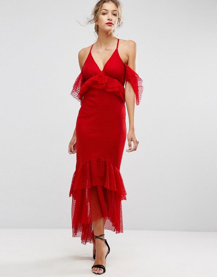 Asos Cold Shoulder Dobby Plunge Maxi Dress - Blue