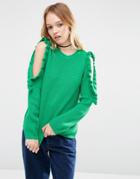 Asos Chunky Sweater With Ruffle Cold Shoulder Detail - Green