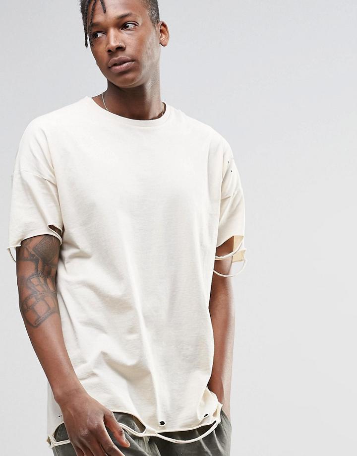 Asos Oversized T-shirt With Heavy Distress In Stone - White Cap Gray