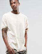 Asos Oversized T-shirt With Heavy Distress In Stone - White Cap Gray
