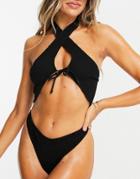 Asos Design Mix & Match Crinkle Cross Neck Bikini Top In Black