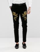 Asos Skinny Suit Pants In Black Embroidered Velvet - Black