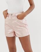 Asos Design Denim Metallic A Line Mom Shorts-pink