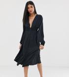 Asos Design Tall Long Sleeve Button Through Midi Dress With Shirred Waist - Black