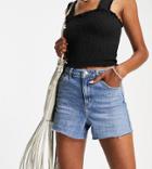 Topshop Tall Premium Recycled Cotton Blend Mom Denim Shorts In Mid Wash Blue-blues