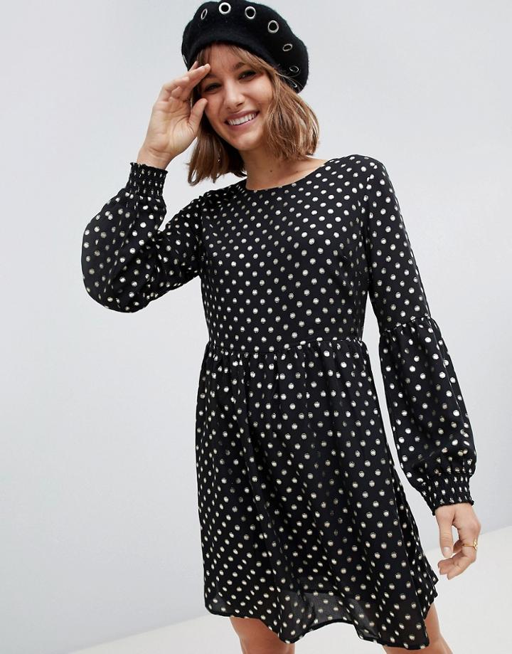 Glamorous Long Sleeve Smock Dress In Gold Spot-black