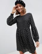 Glamorous Long Sleeve Smock Dress In Gold Spot-black