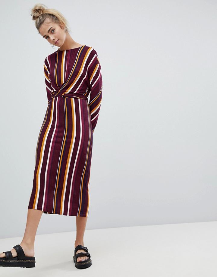 Bershka Maxi Striped Tie Waist Dress - Multi