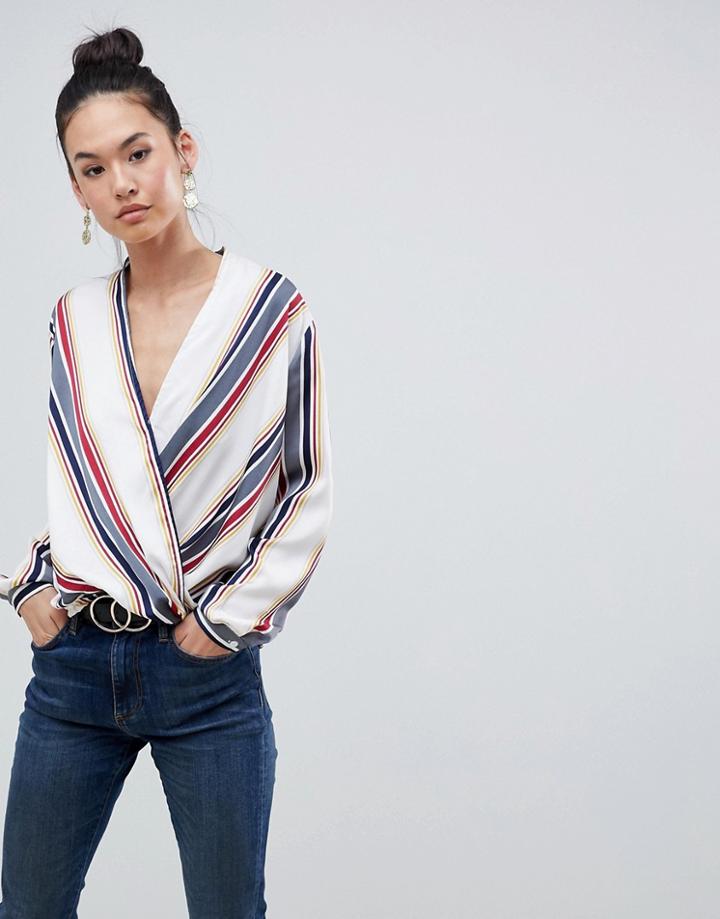 Boohoo Stripe Wrap Front Blouse - White