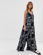 Weekday Wide Leg Smock Jumpsuit In Graphic Print - Multi