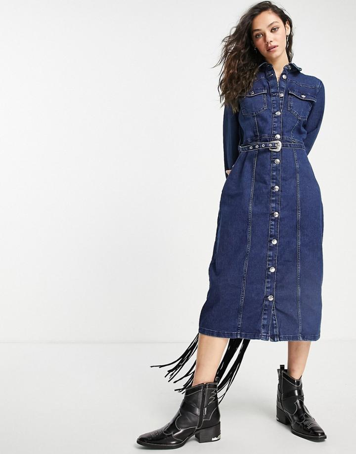 Only Denim Midi Shirt Dress In Dark Blue-blues