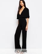 Club L Overlay Plunge Cape Detailed Jumpsuit - Black