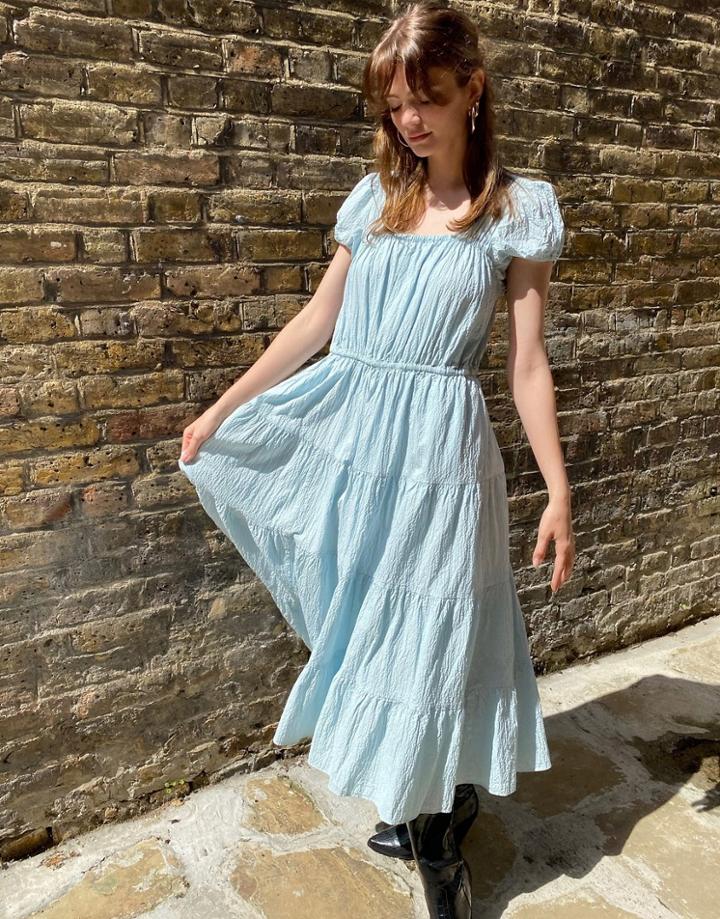 & Other Stories Eco Cotton Square Neck Smock Midaxi Dress In Blue-green
