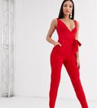 Outrageous Fortune Tall Sleeveless Fitted Jumpsuit With Belt In Red